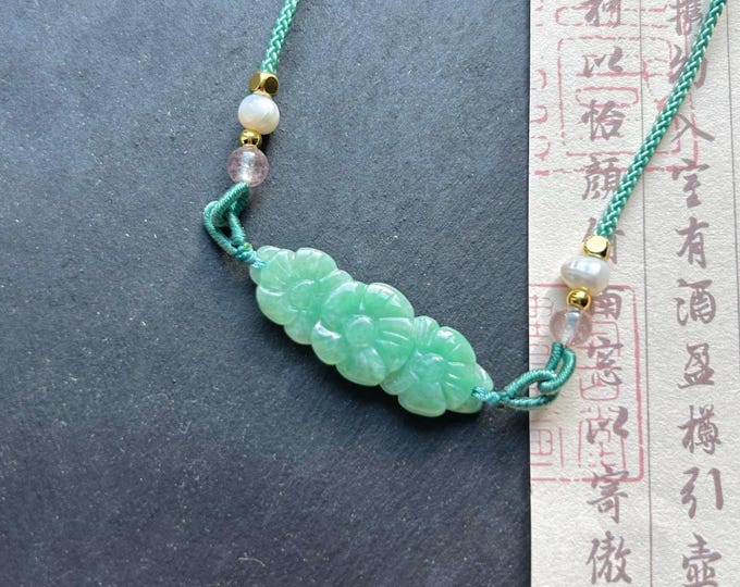 Jadeite Jade Crecent Pendant Jewelry Gift Natural Burmese Type A Translucent Icy Green Purple Yellow Jade Carved Flowers Handwowen Necklace
