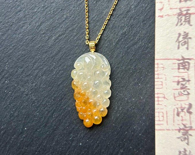 Natural Jadeite Grape Pendant Necklace Burmese Type A Highly Translucent Icy Orange Jade & 18k Solid Gold Bail