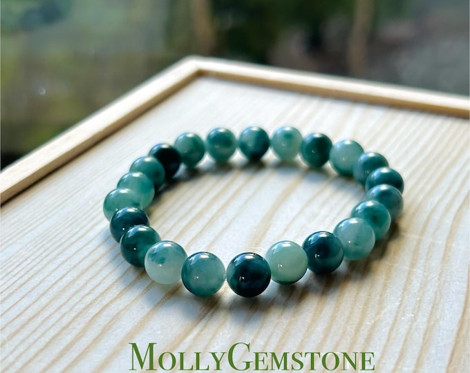 Jadeite Jade Beaded Bracelet Jewelry Untreated Genuine Type A Burmese Icy Translucent Blue Floral(蓝飘花) 8mm FeiCui Lunar New Year Gift