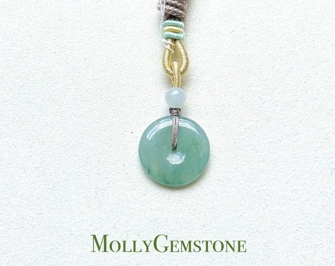 Certified Natural Jadeite Lucky Donut Pendant adjustable Necklace Type A Icy Translucent Burmese Green Jade Ping An Kou