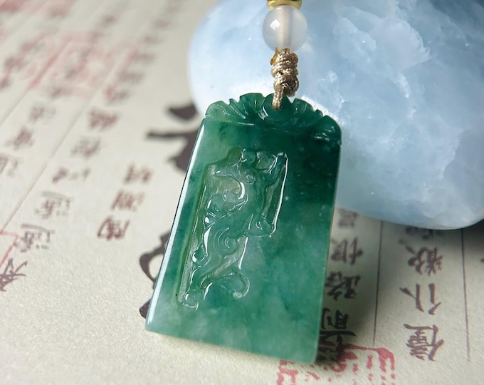 Burmese Jadeite Dragon and Phoenix Pendant Handwoven Necklace: Hand-Carved Natural Type A Myanmar Icy Bluish Green Jade Jewelry