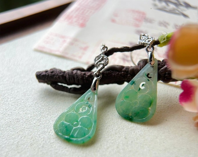 Jadeite Jade & Silver Earrings Handcrafted Jewelry Gift for Her Natural Burmese Type A Icy Translucent Gelatinous Icy Green Floral Jade
