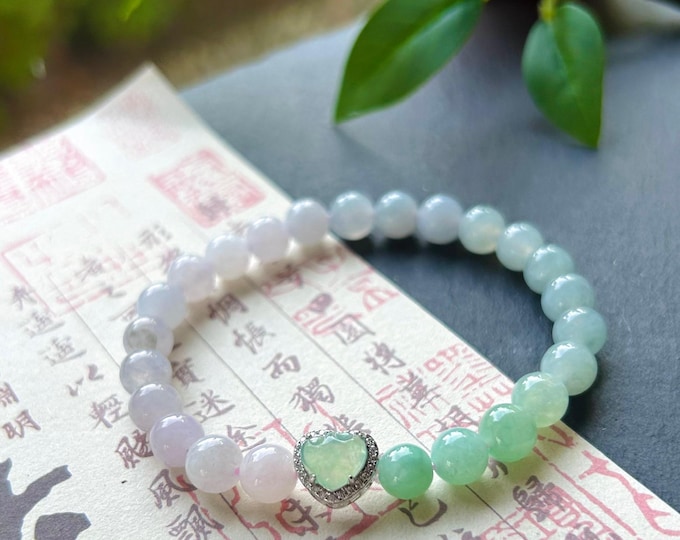 Natural Jadeite Beaded Bracelet Natural Burmese Type A Icy Highly Translucent Lavender Purple & Green Gradient Jade 7mm