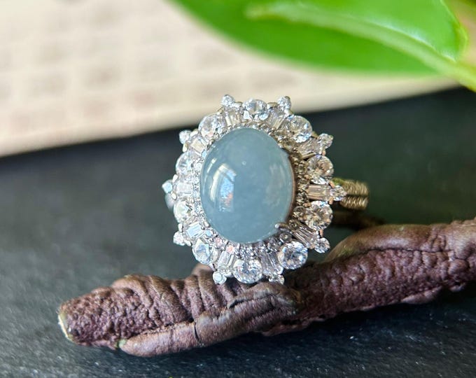 Natural Jadeite & Sterling Silver Adjustable Ring Band Guatemalan Type A Translucent Icy Blue Jade