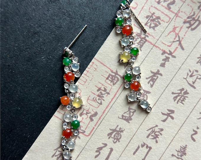 Certified Natural Jadeite Christmas Color Earrings: Burmese Type A Highly Translucent Icy multicolor Jade with Sterling Silver