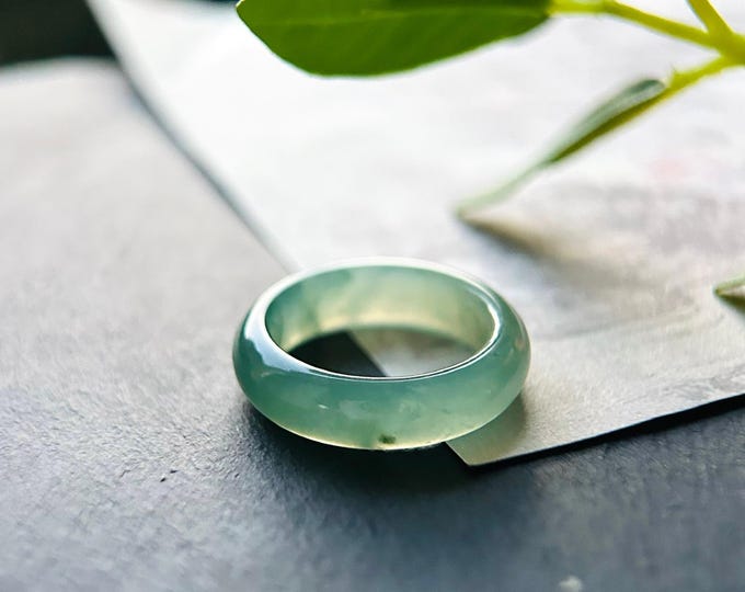 Icy Clear Water Green Burmese Jadeite Ring - Natural Type A Myanmar Jade Band US Size-8