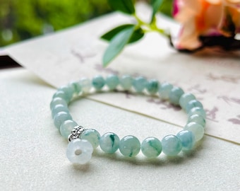 Jadeite Jade Beaded Bracelet Jewelry Mothers Day Gift Natural Untreated Type A Burmese Icy Highly Translucent Flora Blue Green 6.8mm FeiCui