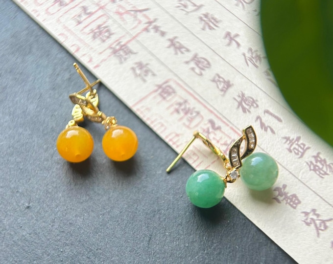 Natural Jadeite Beaded Earrings Burmese Type A Icy Translucent Green or Bright Yellow Jade & 925 Sterling Silver