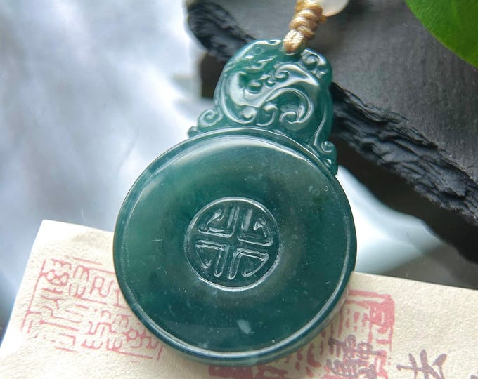 Natural Jadeite Pendant Handwoven Necklace Guatemalan Type A Icy Translucent Dark Blue Jade Vintage Chinese Style Lucky Donut PingAnKou