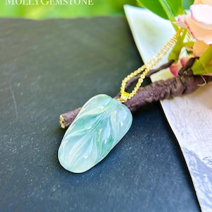 Jadeite Jade Leaf Pendant Jewelry Gift for Her Natural Burmese Untreated Type A Icy Highly Translucent Green Floral Jade 18k Solid Gold Bail