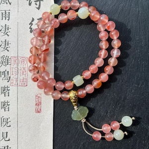 Natural Nanhong Agate Designer Double-Wrap Bracelet 7.3mm Highly Translucent Icy Floral Southern Red Agate & Nephrite Jade
