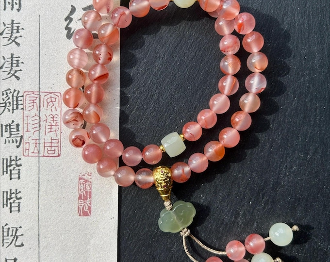 Natural Nanhong Agate Designer Double-Wrap Bracelet 7.3mm Highly Translucent Icy Floral Southern Red Agate & Nephrite Jade