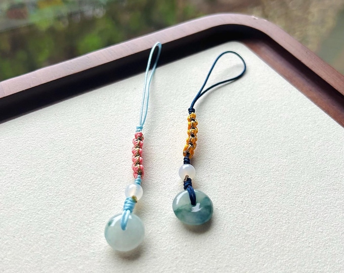 Jadeite Jade Phone Charm Handmade Jewelry Gift for Her Authentic Untreated Type A Burmese Icy Lucky Donut Chinese Knot Protection Amulet