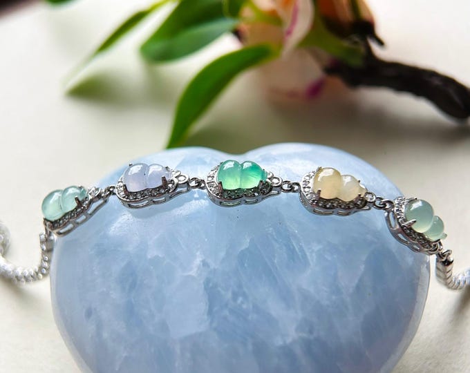Jadeite Jade Handmade Hulu Bracelet Jewelry Gift for Her Natural Burmese Type A Highly Translucent Icy Multicolor Jadeite & Sterling Silver