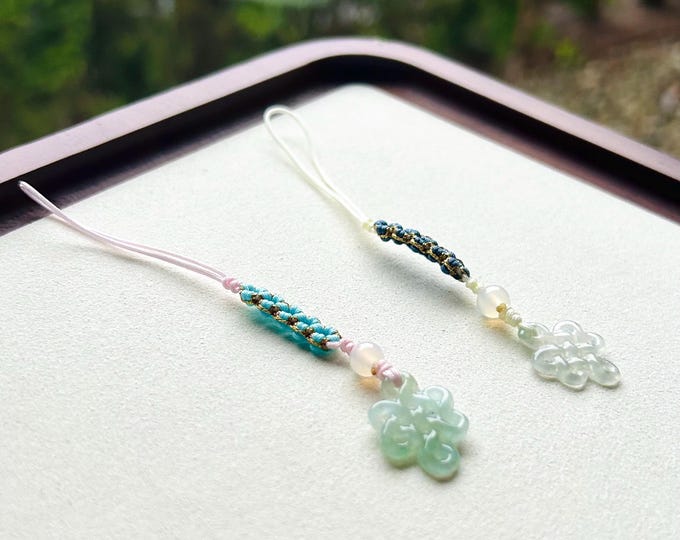 Jadeite Jade Phone Charm Keychain Jewelry Christmas Gift for Her Authentic Untreated Type A Burmese Icy Lucky Chinese Knot Protection Amulet