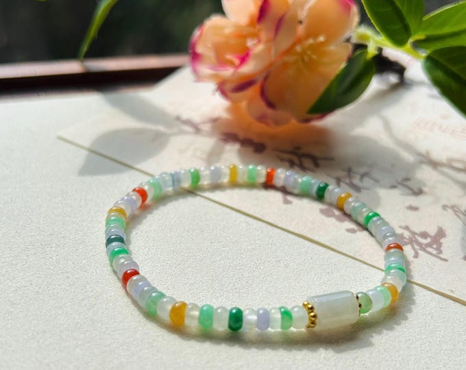 Jadeite Jade Beaded Bracelet Jewelry Gift for Her Untreated Natural Burmese Type A Highly Translucent Icy Rainbow Multi-Color Jade 4.5mm