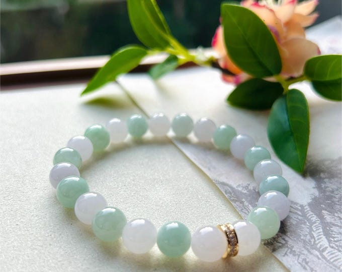 Jadeite Jade Beaded Bracelet Jewelry Gift for Her Natural Burmese Untreated Type A Icy Translucent Apple Green & White 8.8mm Jade Bracelet