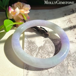 Jadeite Jade Bangle Gift for Her Natural Burmese Type A RARE Translucent Icy Vivid Lavender Purple & White Round-Cut Jade Bangle 61 x 11mm