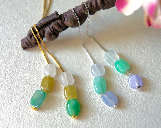 Burmese Jadeite Threader Earrings: Natural Type A Highly Translucent Multicolor Jade, Sterling Silver, Adjustable Length