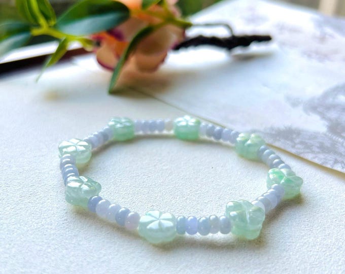 Jadeite Jade Beaded Bracelet Jewelry Handmade Gift for Her Natural Burmese Type A Icy Highly Translucent Lavender Purple & Apple Green Jade