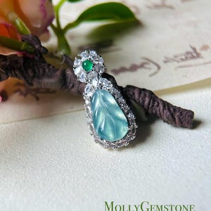 Jadeite Jade Leaf Pendant Necklace Jewelry Gift for Her Natural Guatemalan Type A Icy Highly Translucent Blue Jadeite & Sterling Silver