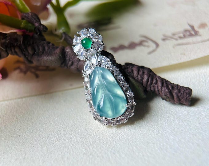 Jadeite Jade Leaf Pendant Necklace Jewelry Gift for Her Natural Guatemalan Type A Icy Highly Translucent Blue Jadeite & Sterling Silver