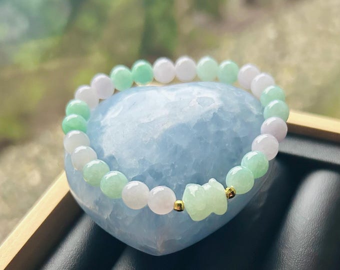 Jadeite Jade Beaded Bracelet Jewelry Christmas Gift Untreated Burmese Type A Icy Translucent Lavender & Green Jadeite 7mm Hand-carved Puppy