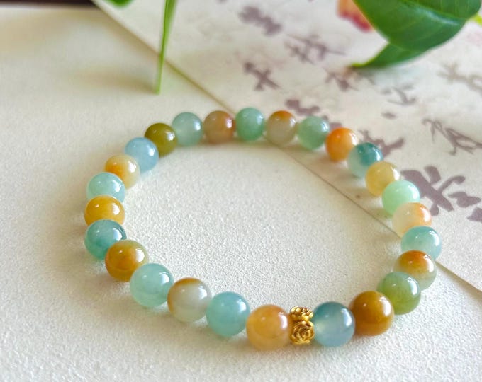 Jadeite Jade Beaded Bracelet Jewelry Mother Day Gift Natural Untreated Burmese Icy Translucent Type A RARE MultiColor Floral Jade 7mm