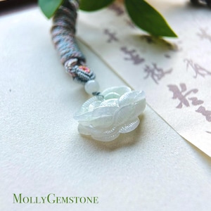 Certified Jadeite Jade Lotus Pendant Necklace Jewelry Gift for Her Natural Burmese Translucent Type A Icy Green Jade Hand-carved Lotus Jade