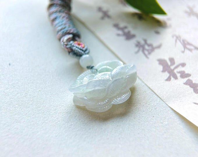 Certified Jadeite Jade Lotus Pendant Necklace Jewelry Gift for Her Natural Burmese Translucent Type A Icy Green Jade Hand-carved Lotus Jade