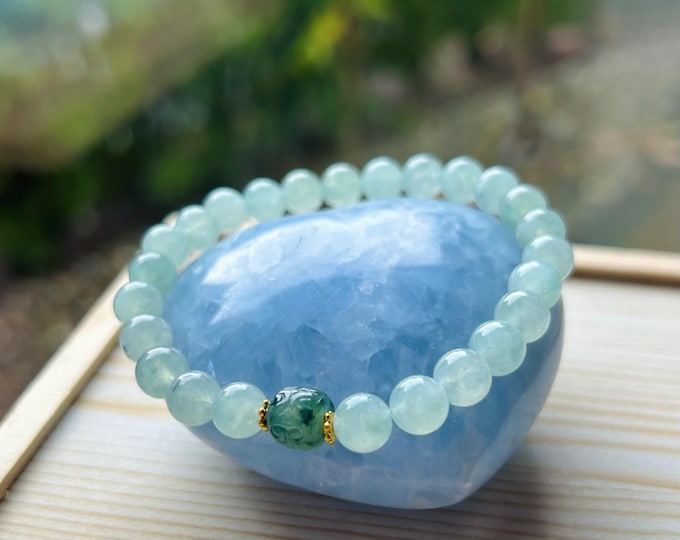 Jadeite Jade Bracelet Jewelry Natural Untreated Burmese Type A highly Translucent Icy Green Floral Wuji 7mm Fei-Cui Handmade Christmas Gift