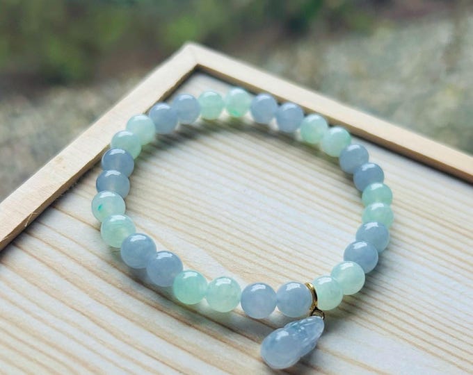 Jadeite Beaded Bracelet Jewelry Christmas Gift Untreated Burmese Type A Icy Translucent Lavender Purple, Green Jadeite 6.5mm & Pixiu Charm
