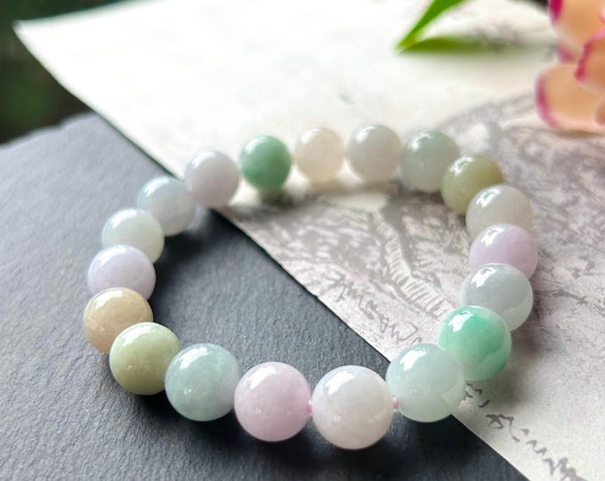 Burmese Jadeite Beaded Bracelet: Natural Type A Highly Translucent Icy Candy Multicolor Myanmar Jade Untreated