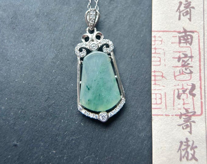 Jadeite Jade Pendant Sterling Silver Necklace Jewelry Gift for Her Burmese Untreated Type A Highly Translucent Icy Blue Green Floral Jade