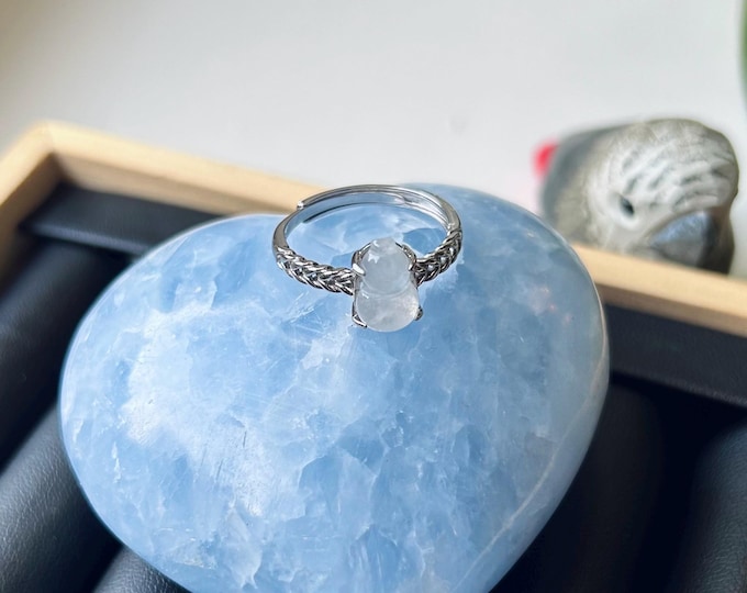 Natural Jadeite Ring Jewelry Authentic Translucent Type A Burmese Icy White Jade Hulu Adjustable Silver Ring Gift for Her Handmade in Canada