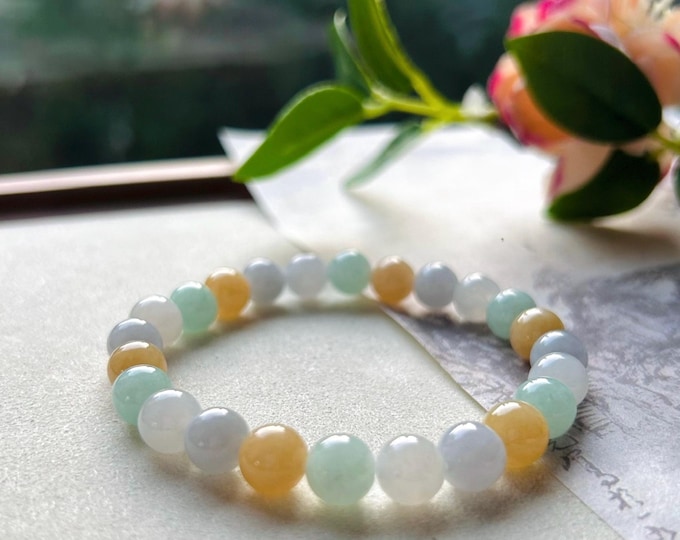 Jadeite Jade Beaded Bracelet Jewelry Gift for Her Natural Burmese Untreated Type A Icy Translucent Multi-color 8mm Jade Bracelet FeiCui