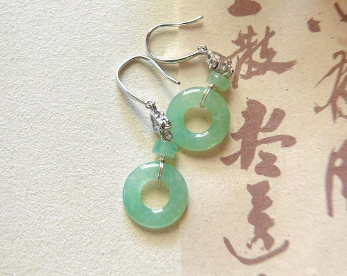 Jadeite Lucky Donut Earrings Jewelry Mothers Day Gift Natural Burmese Type A Icy Translucent Gelatinous Icy Green Jade & 925 Sterling Silver