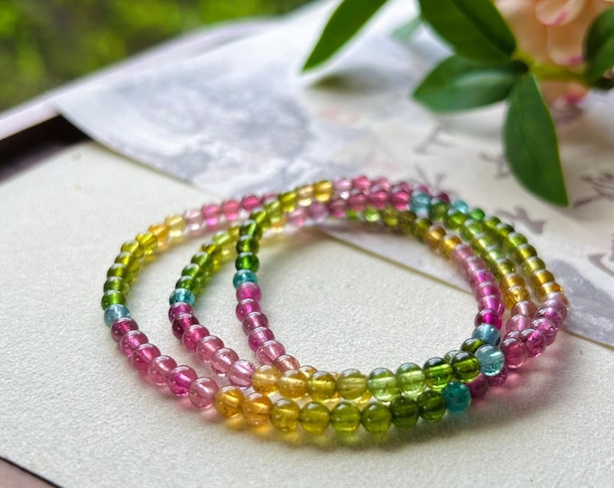 Certified Natural Tourmaline Beaded Stacked Bracelet Necklace Jewelry Gift for Her Multicolored AAAA+ Tourmaline Healing Crystal