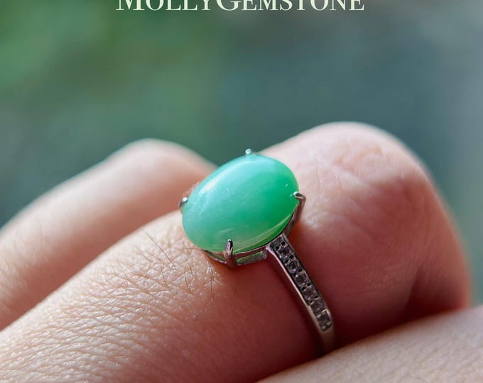 Natural Jadeite Jade Ring Jewelry Burmese Type A Icy Gelatinous Sweet Green Jadeite Adjustable Sterling Silver Ring Handmade Gift for Her