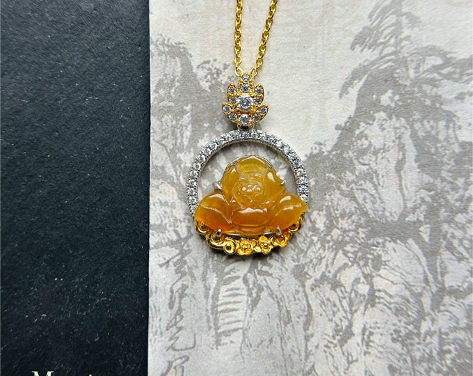 Natural Yellow Jadeite Lotus Flower Sterling Silver Pendant Necklace Burmese Type A Icy Highly Translucent Unheated Orange Jade