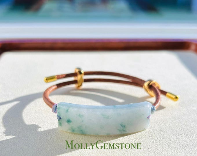 Natural Jadeite & Leather Bracelet Jewelry Untreated Type A Burmese Blue Floral Jade Plaque Cowhide Leather