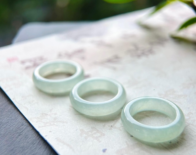 Icy Pale Green Jade Ring: Natural Burmese Type A Translucent Jadeite Band, US Size 6-7