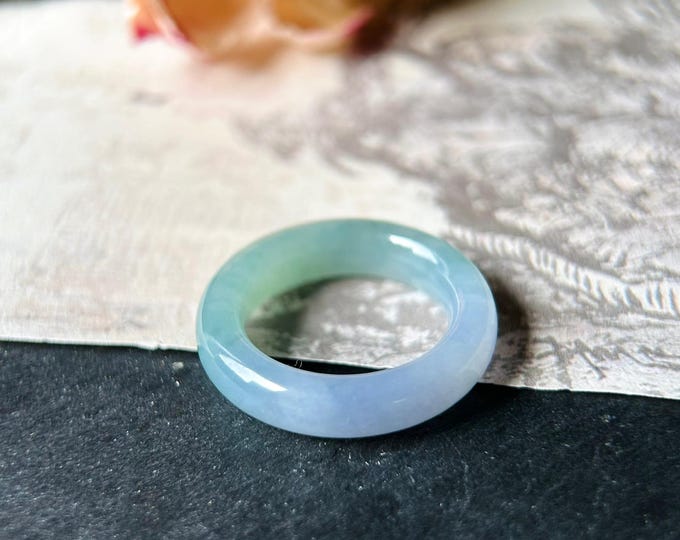 Jadeite Jade Ring Band Jewelry Gift Natural Burmese Type A Translucent Gelatinous Icy Purple & Green Gradient Color Jade Ring US 7.5 17.5mm