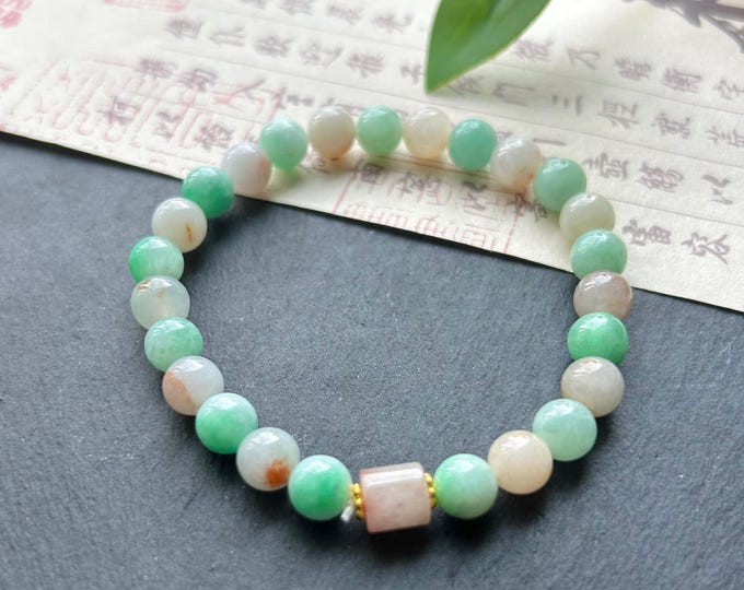 Natural Burmese Jadeite Beaded Bracelet: Type A Icy Translucent Apple Green and Red Floral Myanmar 7mm Jade Untreated