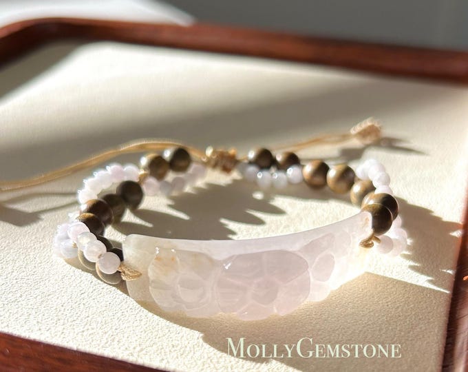 Natural Jadeite Plaque & Sandlewood Handwoven Bracelet Authentic Burmese Untreated Icy Translucent Type A White Red Floral Jade