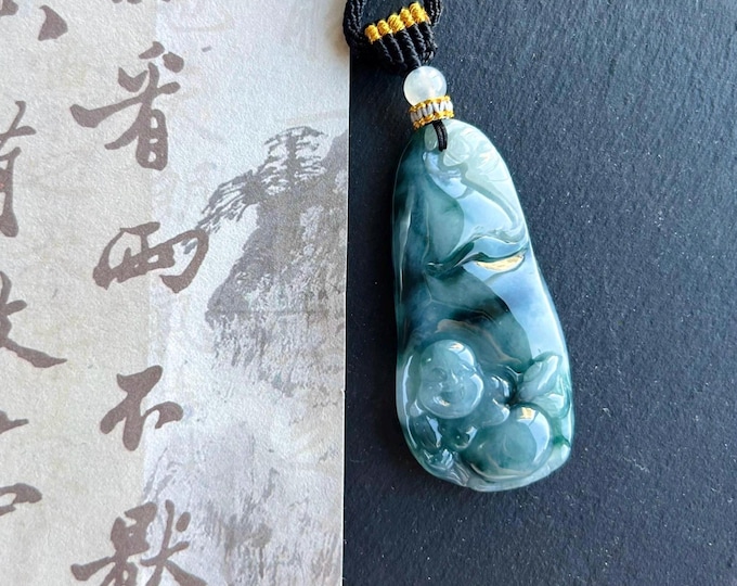 Certified Jadeite Jade Pendant Jewelry Gift Natural Burmese Type A Translucent Icy Blue Jadeite Laughing Buddha Pendant Handwoven Necklace