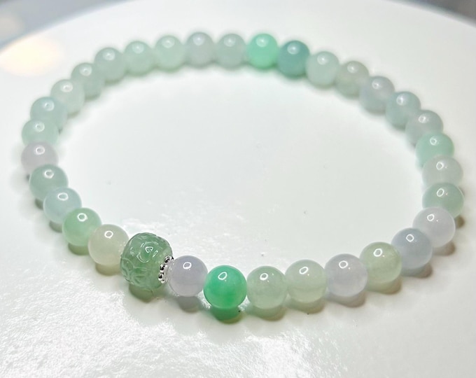 Jadeite Jade Bracelet Jewelry Gift for Her 100% Genuine Untreated Highly Translucent Icy Type A Multi-color Burmese 5.7mm Handmade in CANADA