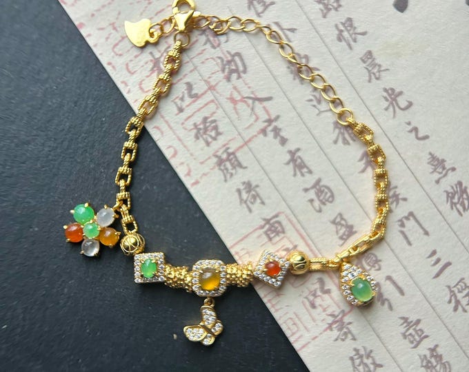 Natura Jadeite Handmade 18k Gold Filled Sterling Silver Bracelet - Certified Untreated Burmese Type A Highly Translucent Multicolor Jade