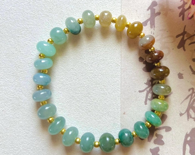 Jadeite Jade Beaded Bracelet Jewelry Mothers Day Gift Natural Burmese Type A Icy Translucent Jadeite Multi-color 8.5mm Drum Bead Jade