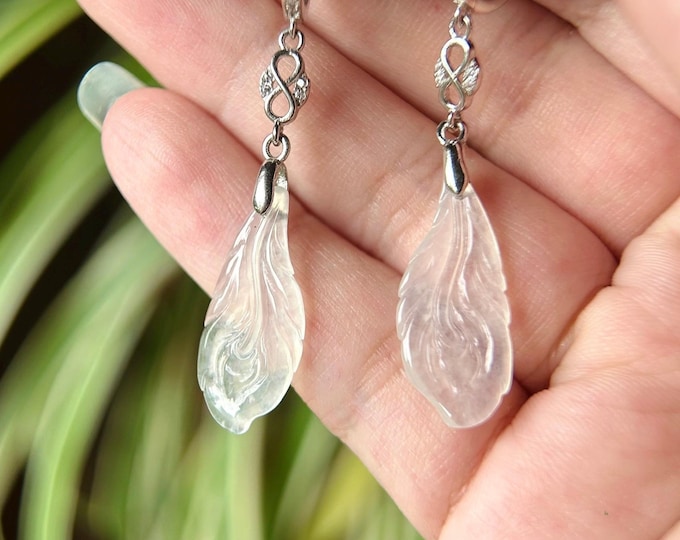 Burmese Jadeite Feather Earrings: Natural Type A Superior Translucency Icy White Jade with Sterling Silver